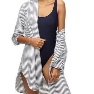 J.Crew Beach Shirt in Striped Linen-Cotton Blend Navy White (XXS)